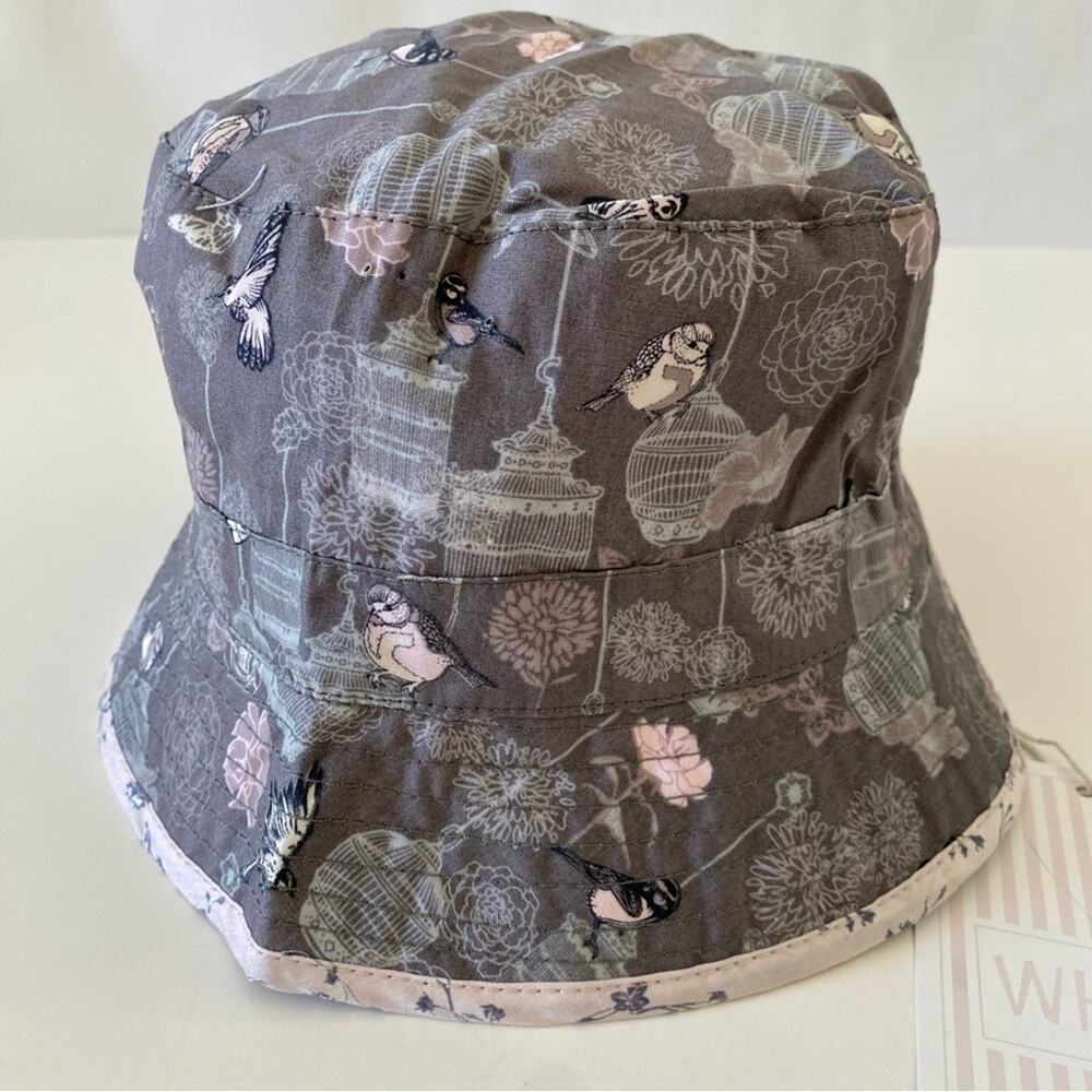 NWT Wheat Danish Design Floral Bird Print Bucket Hat Reversible 100% Cotton M
